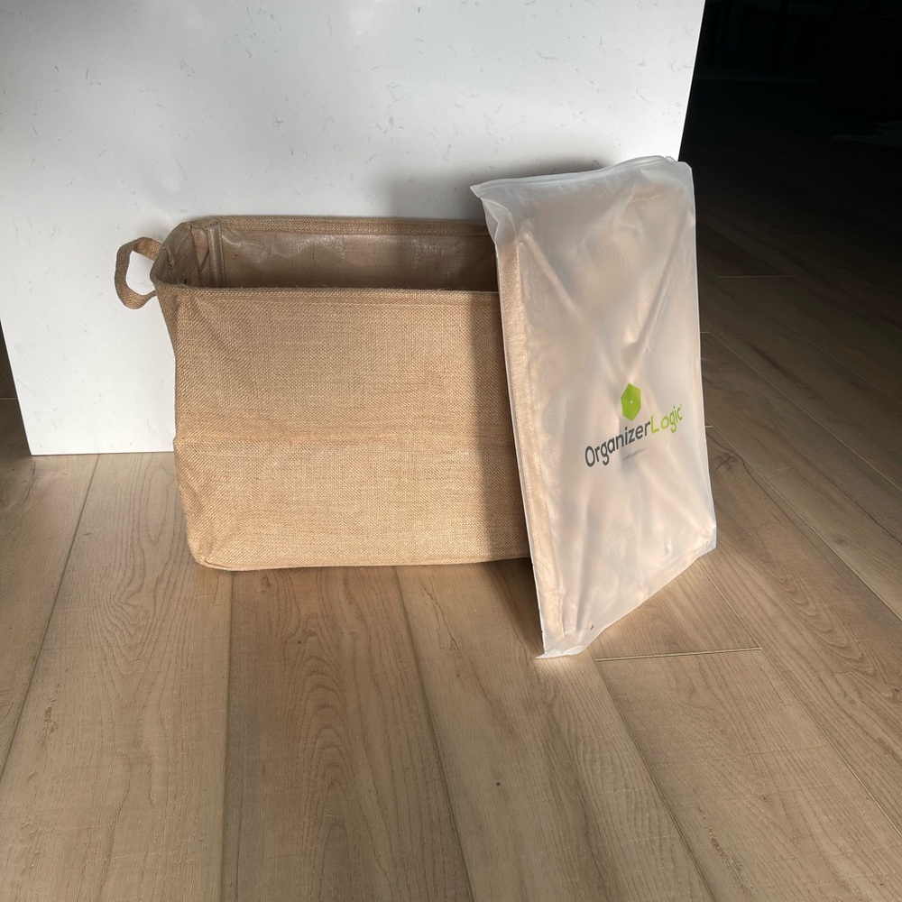 2 jute organizer bins with handles